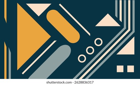 Bold retro abstract background with geometric shapes, including triangles, circles, and stripes in yellow, gray, and beige on a dark blue backdrop.