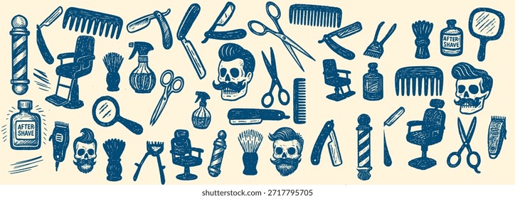 El patrón retro audaz de la barbería arregla los peines, las tijeras, las navajas de afeitar, las sillas, las cabezas del cráneo y las botellas del aseo personal en estilo del destello del tatuaje, ideal para empaquetar, señalización de la tienda, cabeceras del Web y marca de la cadera, masculino.