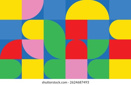 bold retro block pattern using a grid of rectangles and semi-circles in bright yellow, blue, pink, red, and green
