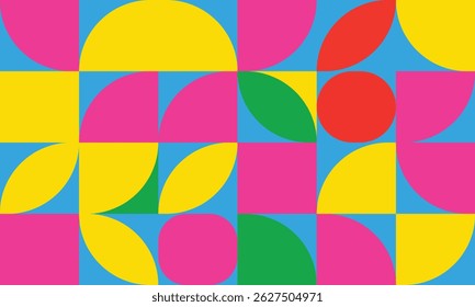 bold retro block pattern using a grid of rectangles and semi-circles in bright yellow, blue, pink, red, and green