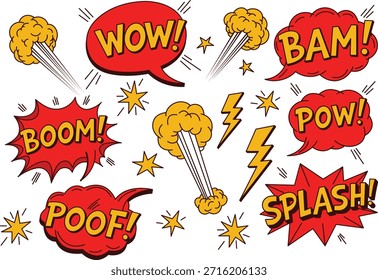 Bold retro comic sound effects with explosive pop art lettering and dynamic action symbols