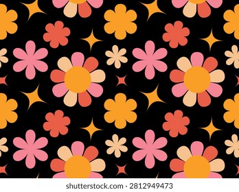 Bold Retro Daisy Seamless Floral Pattern on Black Background