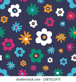 Bold Retro Graphic Floral Vector Seamless Pattern. Simplistic Oversized Hand Drawn Colourful Scattered Daisies, Blooms on Dark Grey Background. Minimal Stylized Flowers Print.