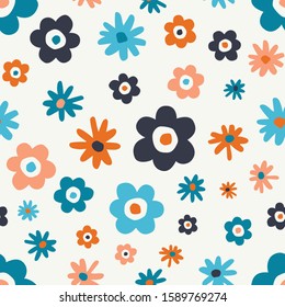 Bold Retro Graphic Floral Vector Seamless Pattern. Simplistic Oversized Hand Drawn Colourful Scattered Daisies, Blooms on White Background. Minimal Stylized Flowers Print.