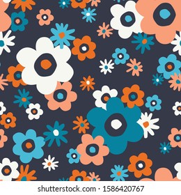 Bold Retro Graphic Large Scale Floral Vector Seamless Pattern. Simplistic Oversized Hand Drawn Colorful Daisies, Blooms on Dark Grey Background. Minimal Stylized Flowers Print.