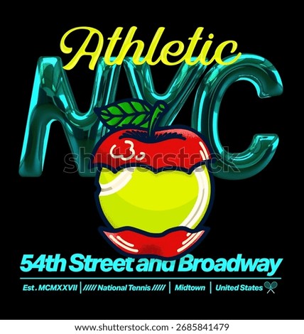 Bold retro NYC vector with metallic lettering, iconic apple and tennis vibe. Designed for urban fashion, athletic streetwear, trendy apparel prints, creative posters and vibrant graphic projects.
