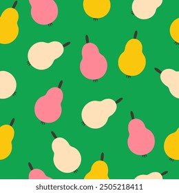 Bold retro pink happy yellow beige white hand drawn pears on 1960s grass green