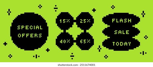 Bold Retro Pixel stickers in Y2k trendy style for special offers. Simple geometric shape in flat style. Funky Discount Labels for social media, packaging, web. Cyber Monday, Black Friday. Slime green