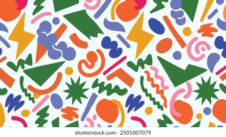 Bold retro shape doodle seamless pattern. Vintage minimalist style art background for fashion or nostalgic designs with 80s vibes. Funky eclectic scribble backdrop