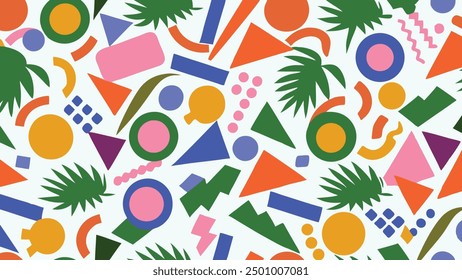 Bold retro shape doodle seamless pattern. Vintage minimalist style art background for fashion or nostalgic designs with 80s vibes. Funky eclectic scribble backdrop