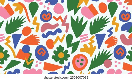 Bold retro shape doodle seamless pattern. Vintage minimalist style art background for fashion or nostalgic designs with 80s vibes. Funky eclectic scribble backdrop