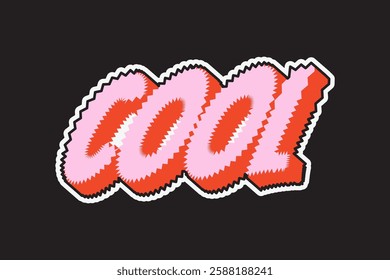 Bold, retro text design spelling 'COOL' in pink and red with a jagged, dynamic style on a black background. Cool and vibrant, this text design stands out. Creative typography design vector.