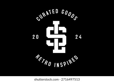 Un atrevido logotipo de monograma de inspiración retro con las letras IS entrelazadas, sobre un fondo negro con el año 2024 y la frase Bienes curados de inspiración retro.