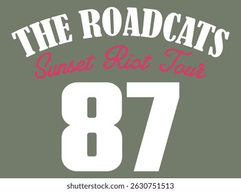 Design gráfico em estilo retrô arrojado com o texto "The Roadcats - Sunset Riot Tour 87" em letras brancas e cor-de-rosa. Um layout nostálgico com tema de música, ideal para mercadorias de banda de rock, cartazes de concertos, 