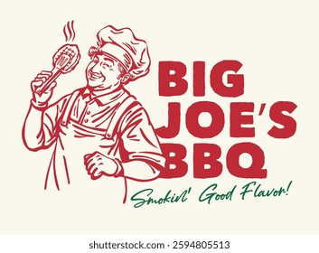 A bold, retro-style illustration of a barbecue chef grilling meat, wearing a classic apron and chef hat. Designed in an engraving style, ideal for BBQ restaurants, smokehouses, and grill branding.