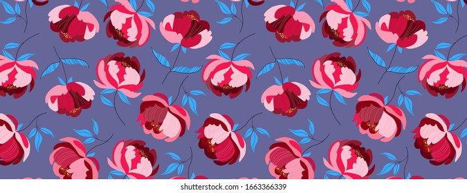 Bold rich dark peony floral pattern on a purple background. Hand-drawn trendy luxury illustration of big flowers with blue leaves on a solid colour. Seamless fabric, web, app, stationery texture. 