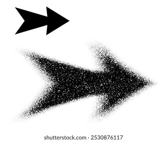 A bold right-pointing arrow transitioning from a solid shape to scattered dots, symbolizing movement and direction. Vector illustration.