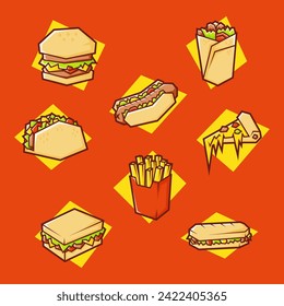 Bold Rigid Style Fast Food Theme Illustrations. Burger, Kebab, Hot Dog, Taco, French Fries, Pizza, Sandwich, Sub. Editable Line. Adjustable Stroke Width.