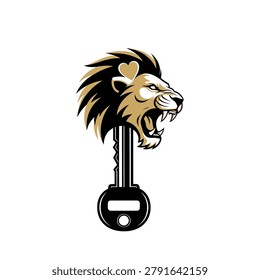A bold roaring lion head integrated with a door key, representing strength and security. Perfect for real estate, locksmithing, and modern brand identity projects.