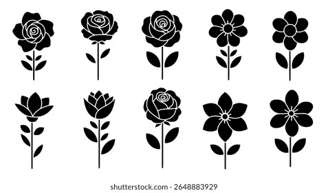 Bold Rose Flower Silhouettes with Stems for Romantic, Botanical, and Decorative Use
