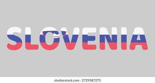 Las letras en negrita y redondeadas forman la palabra ESLOVENIA sobre un fondo gris claro. Cada personaje está lleno de las franjas Horizontales blancas, azules y rojas de la bandera nacional, incluido el escudo de armas de la montaña Triglav. Esta tipografía creativa sirve como un Diseño gráfico limpio y patriótico para el país.