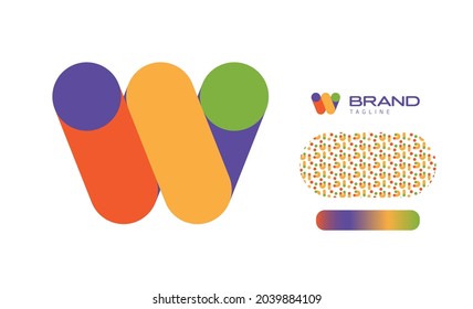 Bold Rounded Multicolored Font Logo Using Letter W for Nursery, Preschool, Playful fun Lettering, Business Brand with pattern and gradient using colors red, yellow, blue, green