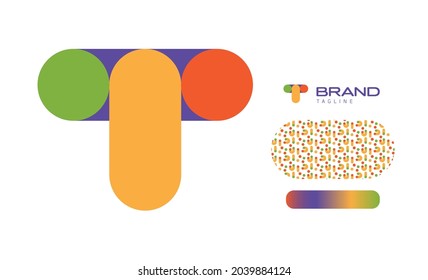 Bold Rounded Multicolored Font Logo Using Letter T for Nursery, Preschool, Playful fun Lettering, Business Brand with pattern and gradient using colors red, yellow, blue, green