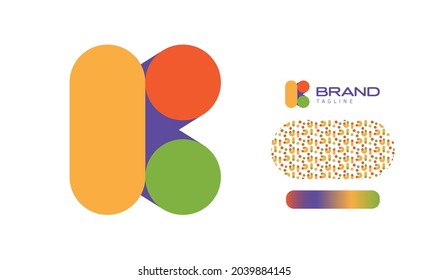 Bold Rounded Multicolored Font Logo Using Letter K For Nursery, Preschool, Playful Fun Lettering, Business Brand With Pattern And Gradient Using Colors Red, Yellow, Blue, Green