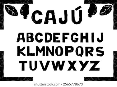 Bold and rustic uppercase alphabet inspired by woodcut print style. Decorative font with textured letters and organic shapes, ideal for artistic and vintage designs. Cashew name and icons