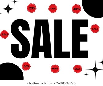 A bold "SALE" in black text dominates the center, surrounded by red starbursts indicating various percentage discounts and "SALE" notifications.
