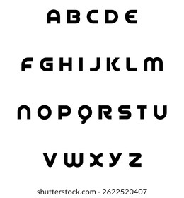Bold sans-serif English alphabet in modern geometric style, featuring black capital letters on a white background for design use