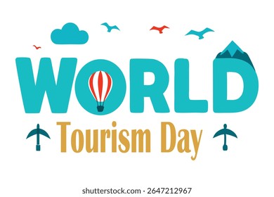 Texto ousado sans-serif "Dia Mundial do Turismo" em forma de cordilheira, com parapentes, surfistas e ciclistas integrados em letras. Vetor perfeito para aventura e projetos temáticos de viagens.