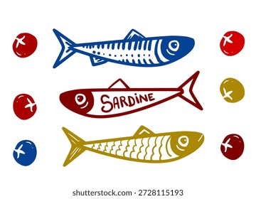 Bold Sardine Illustration Set with Typography in Vintage Tattoo Style