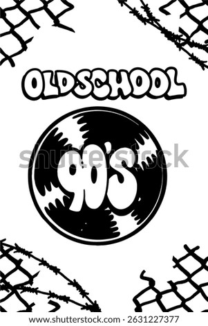 Bold “OLD SCHOOL THROW UP” graffiti-style lettering above a black vinyl record with “90’s” text in the center on white background. Perfect for retro, hip hop, and street art themes.
