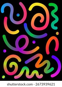 Rabiscos em negrito, linhas coloridas com gradiente. Groovy rabiscar listras onduladas no fundo escuro. Rabiscos dinâmicos rabiscar, redemoinhos, fitas espirais. Para têxteis, tecidos, papel de parede, pano de fundo, papel 