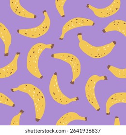 Bold seamless banana pattern with speckled bananas on a vivid purple background. Playful tropical fruit design for textile, wallpapers, and summer-themed projects. Vector in flat style.
