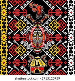 Diseño audaz de batik sin costuras inspirado en el arte tribal papú, con máscara tradicional, casa honai, ave del paraíso y adornos étnicos geométricos.