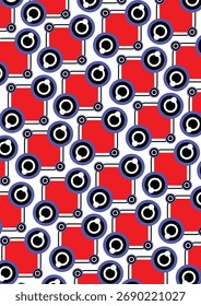 Bold, seamless circuit-style pattern with red squares and interconnected blue rings