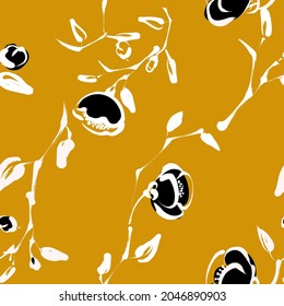 Bold seamless floral seamless pattern with black and white flowers on yellow background .