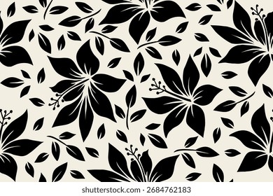 Padrão floral sem emenda e ousado com silhuetas de hibisco preto e folhas em um fundo de creme. Perfeito para tecido, papel de parede, papel de embrulho e projetos de design modernos.