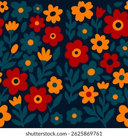 Padrão floral sem emenda e ousado com flores vermelhas, amarelas e verdes escuras em um fundo marinho profundo. Ideal para design de tecido, papel de embrulho e ilustrações botânicas vibrantes.
