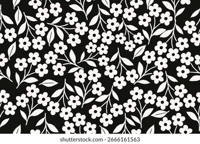 Patrón floral sin fisuras con flores blancas y hojas verdes sobre un fondo negro profundo. Perfecto para la tela, la moda, el Fondo de pantalla y los acentos del hogar.