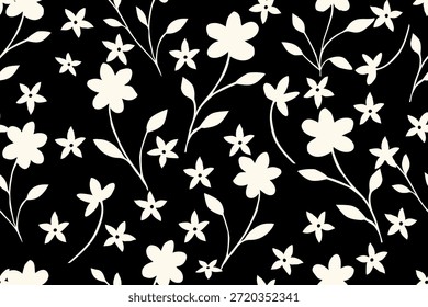 Un audaz patrón floral sin fisuras con siluetas de flores blancas y delicados subgrupos sobre un fondo negro, creando un diseño botánico moderno, elegante y de alto contraste.