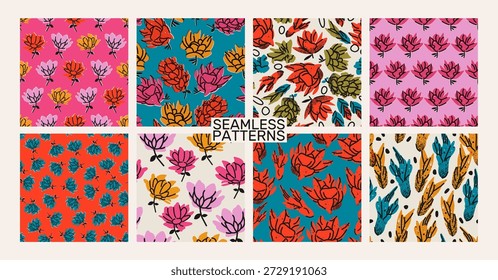 Bold seamless floral patterns with hand-drawn flowers and expressive colors. Vector set, collection. Ideal for fashion textiles, modern decor and artistic branding