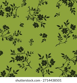 Patrón de silueta floral inconsútil audaz en fondo verde vibrante