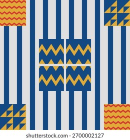 Bold seamless geometric pattern featuring vertical blue and white stripes that frame gold chevron motifs and triangular patchwork elements Inspired by Kente textiles Vector