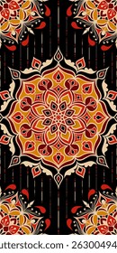Bold seamless mandala pattern in ember gold and crimson red on jet black background. Perfect for textile, scarves, wallpapers, or boho luxe home decor and ethnic fashion projects.