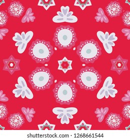 Bold, seamless ornamental mandala pattern in red and white. Vector design, good for textiles, fashion, home decor, and wallpaper. Folk art look gives the pattern a homespun feel.