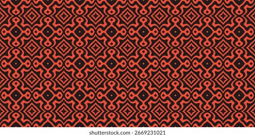 A bold, seamless ornamental pattern featuring intricate black, Celtic style knots and loops on a vibrant red orange background.