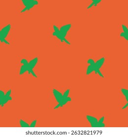 Bold and seamless parrot pattern on orange background. Stylized tropical birds in flat design, ideal for textiles and safari-themed graphics.